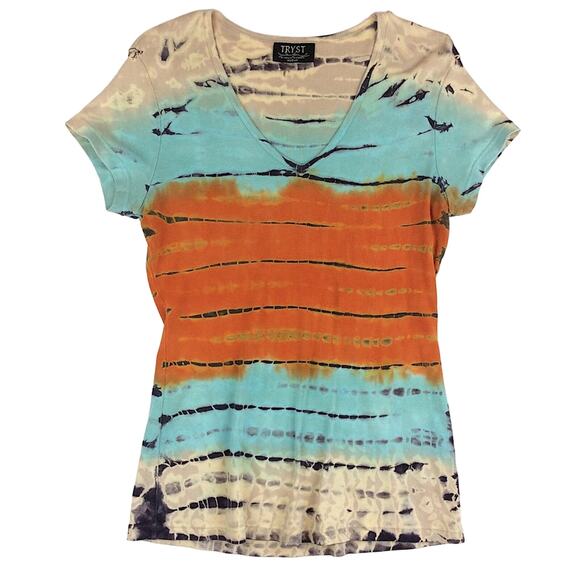 Tryst Tie Dye Stripe Top Turquoise Beige Orange - Picture 1 of 3